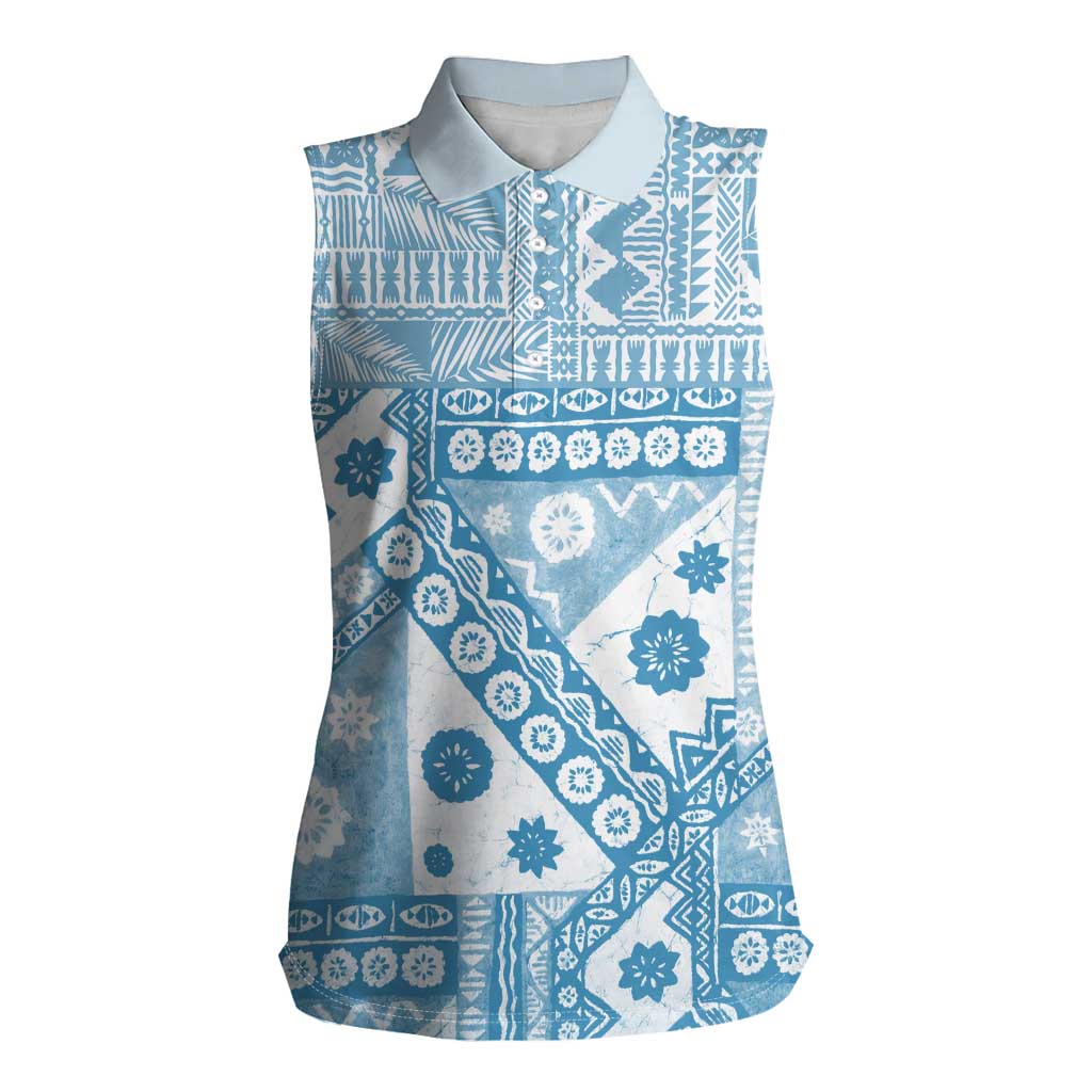 Blue Bula Fiji Women Sleeveless Polo Shirt Unique Masi Tapa Pattern LT14 Female Blue - Polynesian Pride
