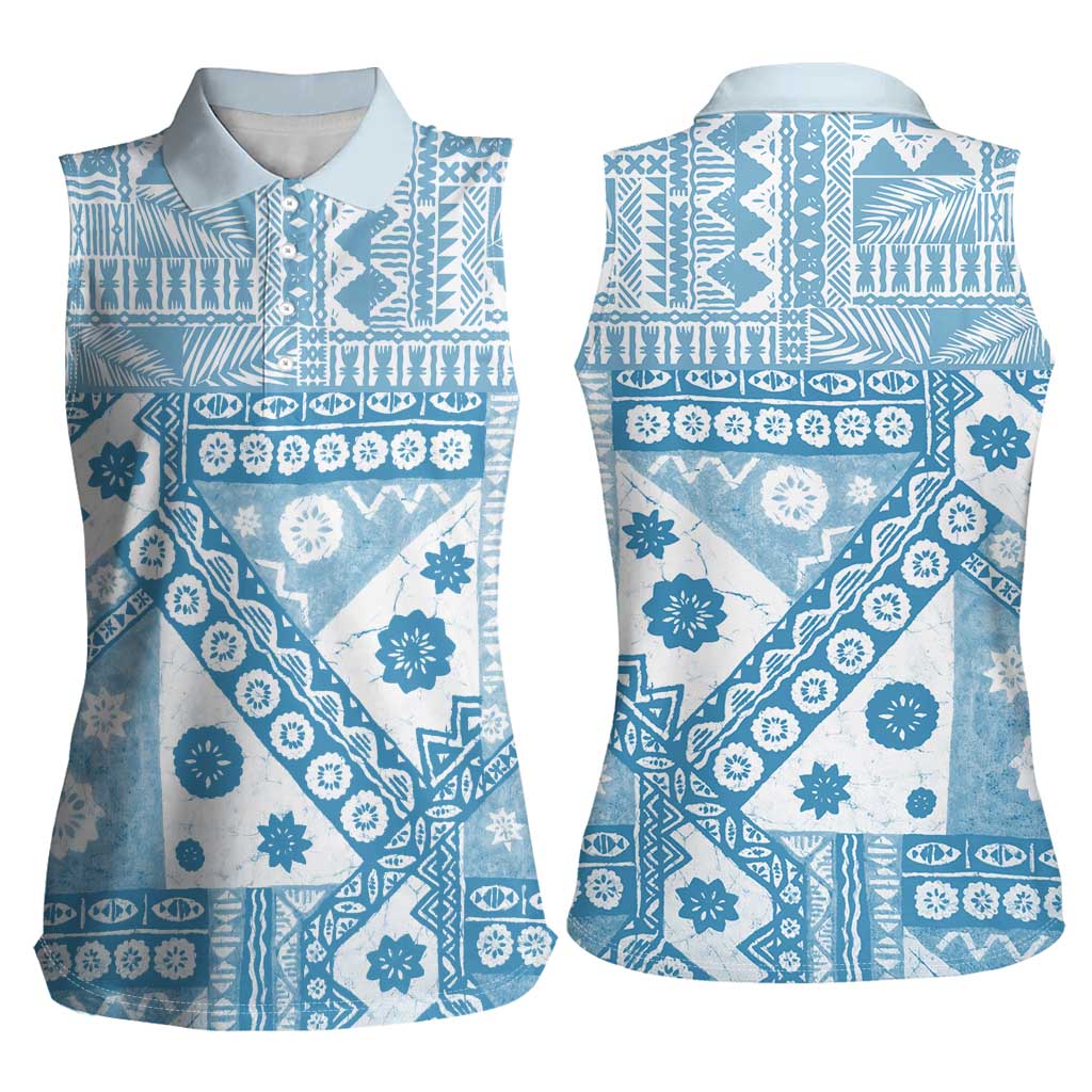 Blue Bula Fiji Women Sleeveless Polo Shirt Unique Masi Tapa Pattern LT14 - Polynesian Pride