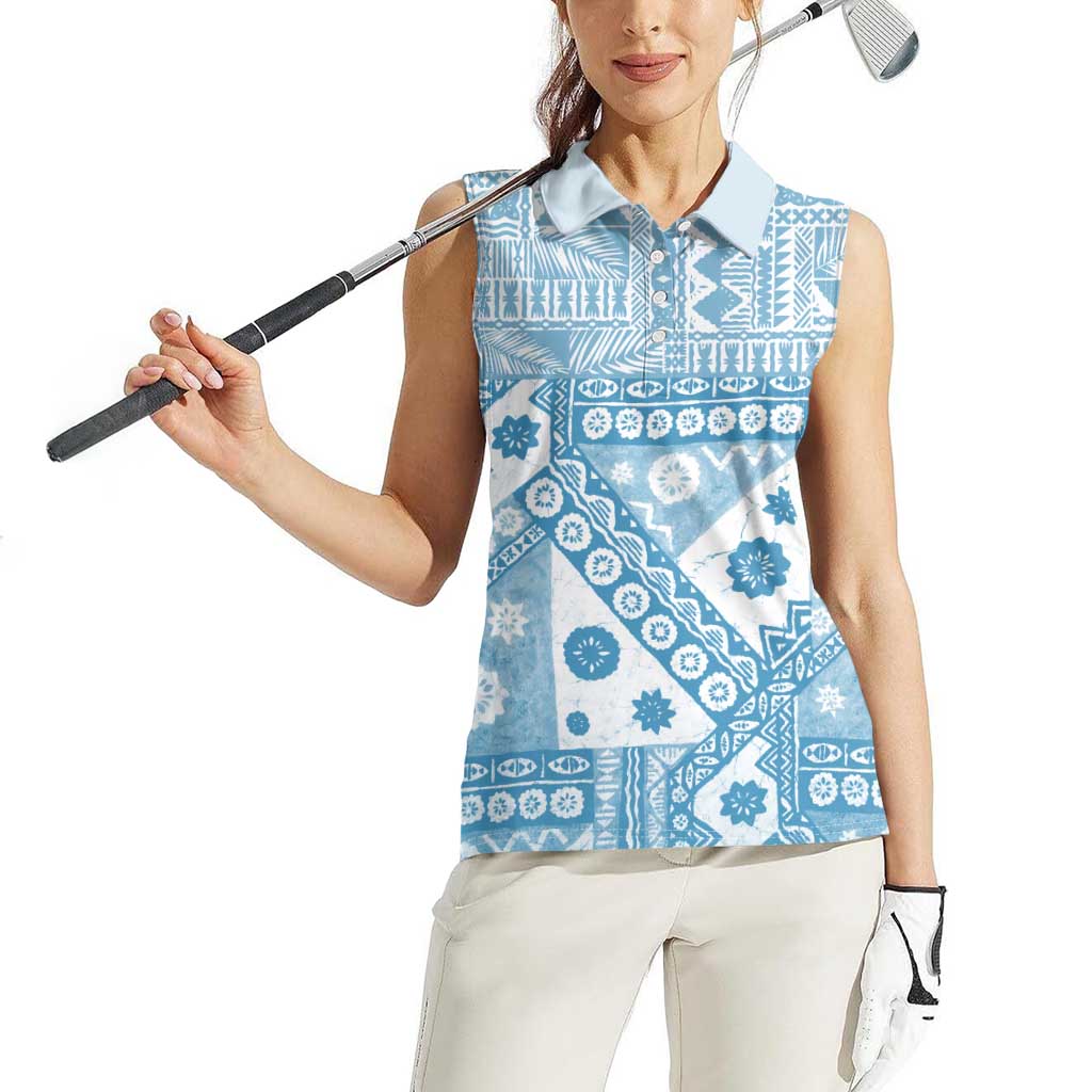 Blue Bula Fiji Women Sleeveless Polo Shirt Unique Masi Tapa Pattern LT14 - Polynesian Pride