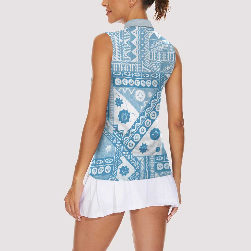 Blue Bula Fiji Women Sleeveless Polo Shirt Unique Masi Tapa Pattern LT14 - Polynesian Pride