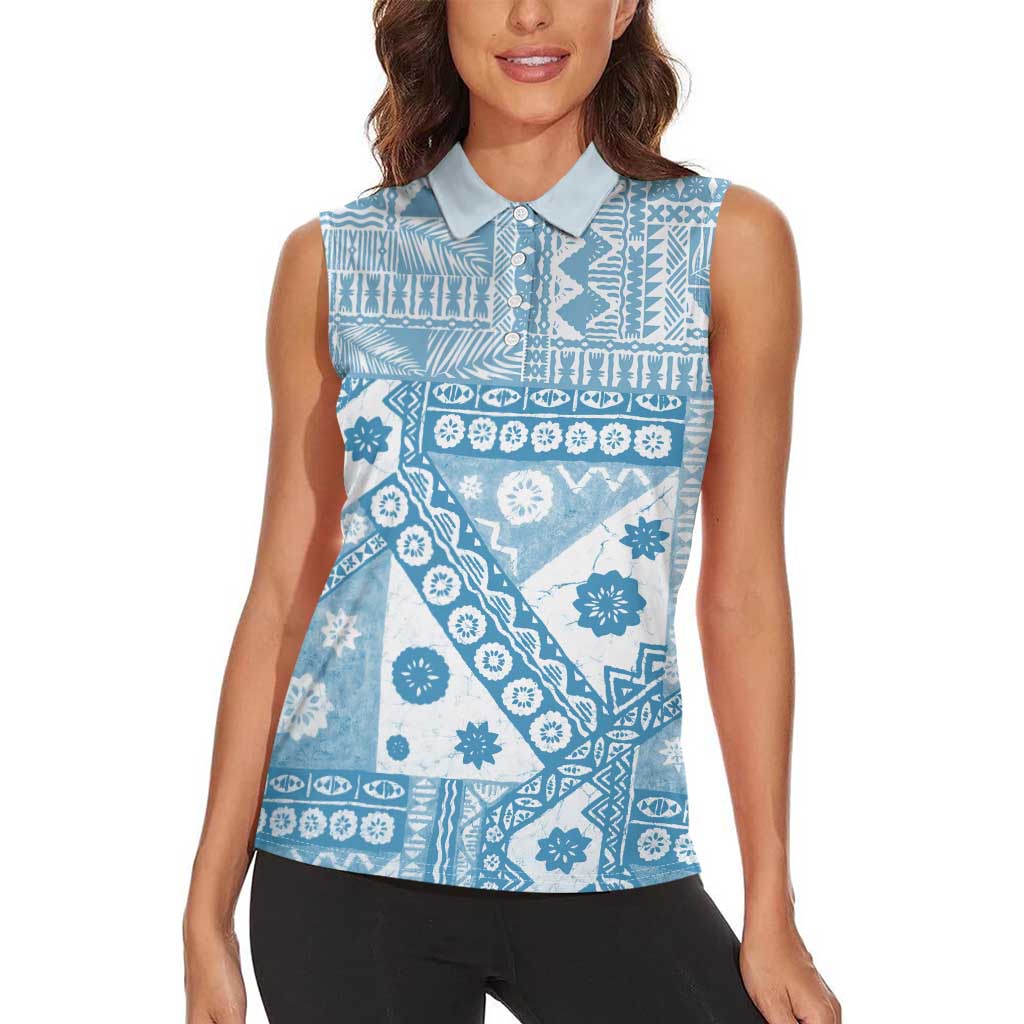 Blue Bula Fiji Women Sleeveless Polo Shirt Unique Masi Tapa Pattern LT14 - Polynesian Pride