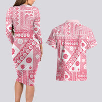 Pink Bula Fiji Couples Matching Long Sleeve Bodycon Dress and Hawaiian Shirt Unique Masi Tapa Pattern