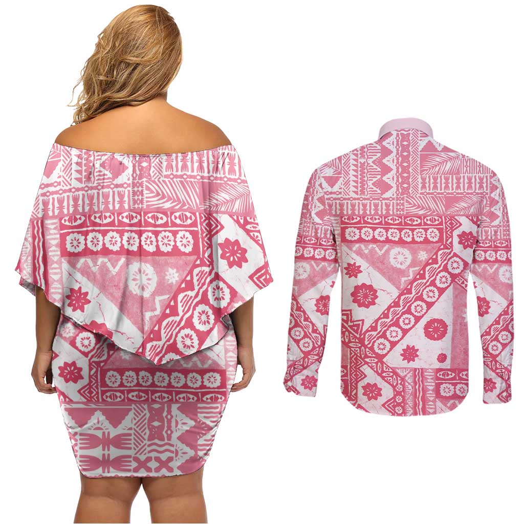 Pink Bula Fiji Couples Matching Off Shoulder Short Dress and Long Sleeve Button Shirt Unique Masi Tapa Pattern