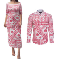 Pink Bula Fiji Couples Matching Puletasi and Long Sleeve Button Shirt Unique Masi Tapa Pattern LT14 Pink - Polynesian Pride