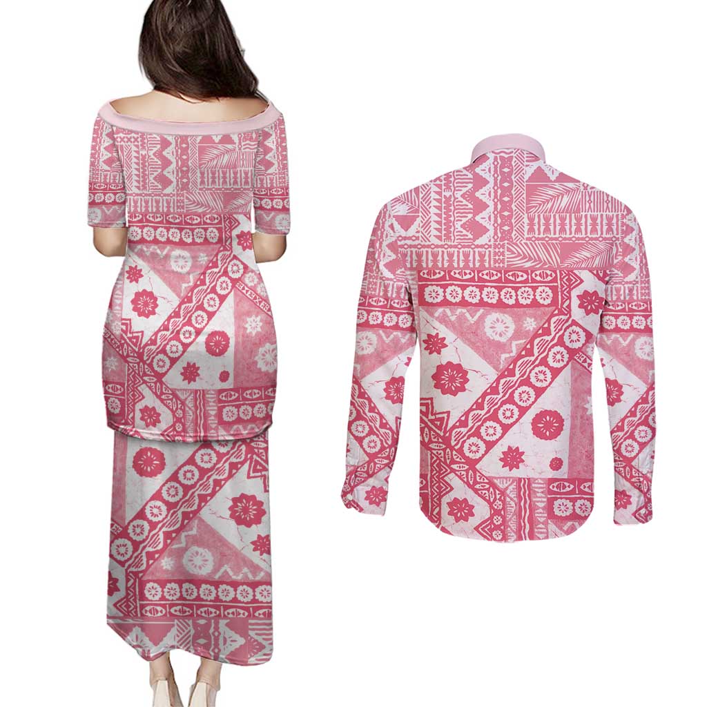Pink Bula Fiji Couples Matching Puletasi and Long Sleeve Button Shirt Unique Masi Tapa Pattern LT14 - Polynesian Pride