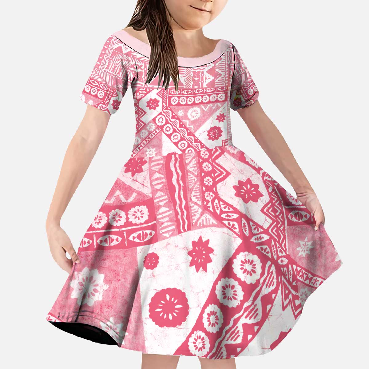 Pink Bula Fiji Family Matching Off The Shoulder Long Sleeve Dress and Hawaiian Shirt Unique Masi Tapa Pattern