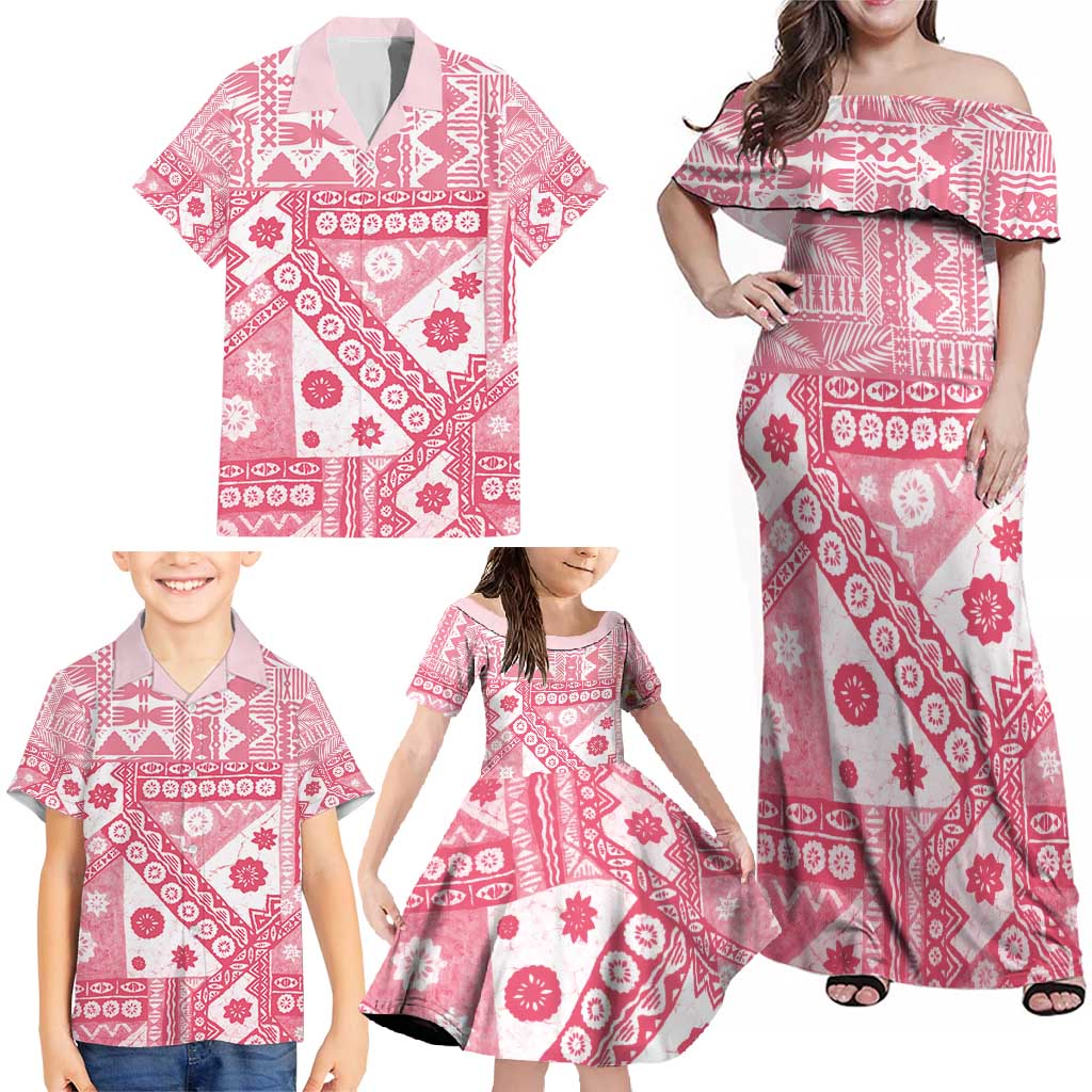 Pink Bula Fiji Family Matching Off Shoulder Maxi Dress and Hawaiian Shirt Unique Masi Tapa Pattern LT14 - Polynesian Pride