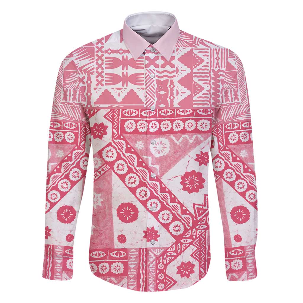 Pink Bula Fiji Family Matching Off Shoulder Maxi Dress and Hawaiian Shirt Unique Masi Tapa Pattern LT14 Dad's Shirt - Long Sleeve Pink - Polynesian Pride