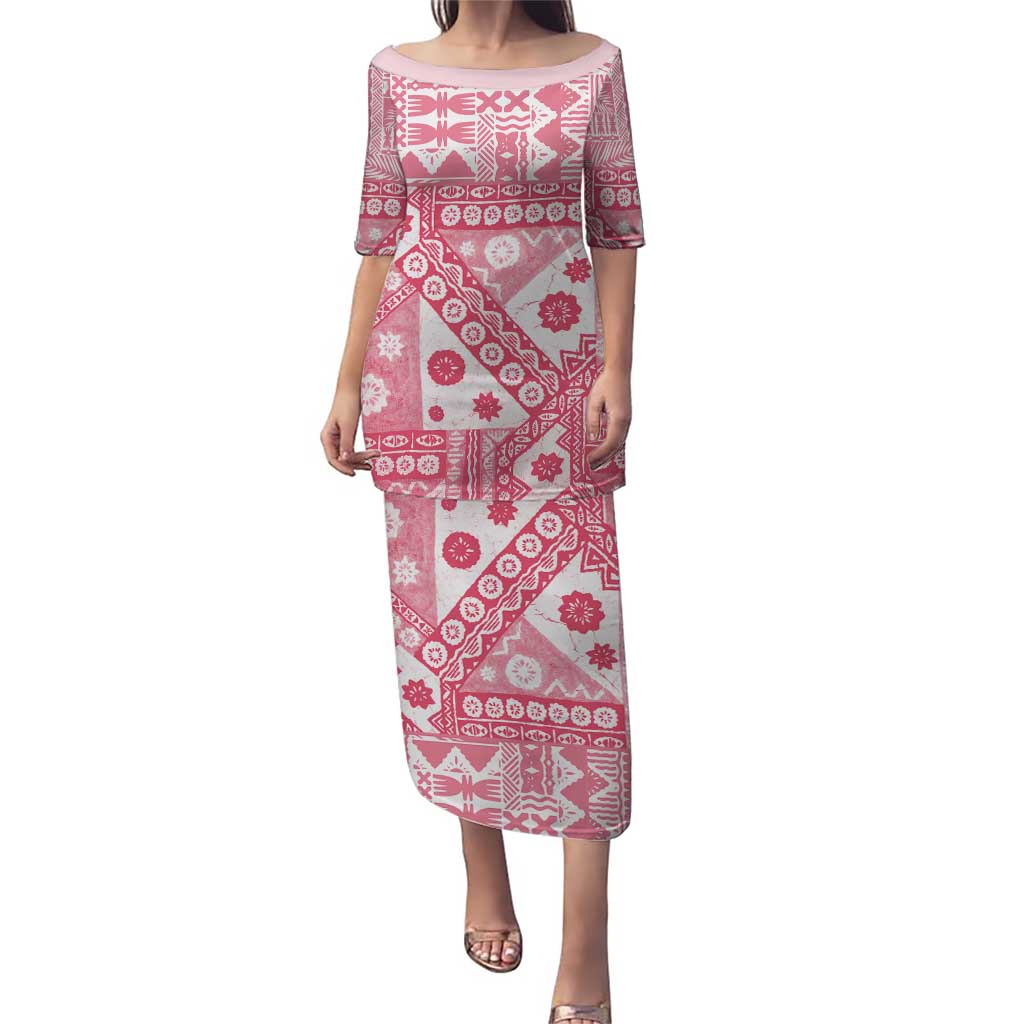 Pink Bula Fiji Puletasi Unique Masi Tapa Pattern LT14 Long Dress Pink - Polynesian Pride