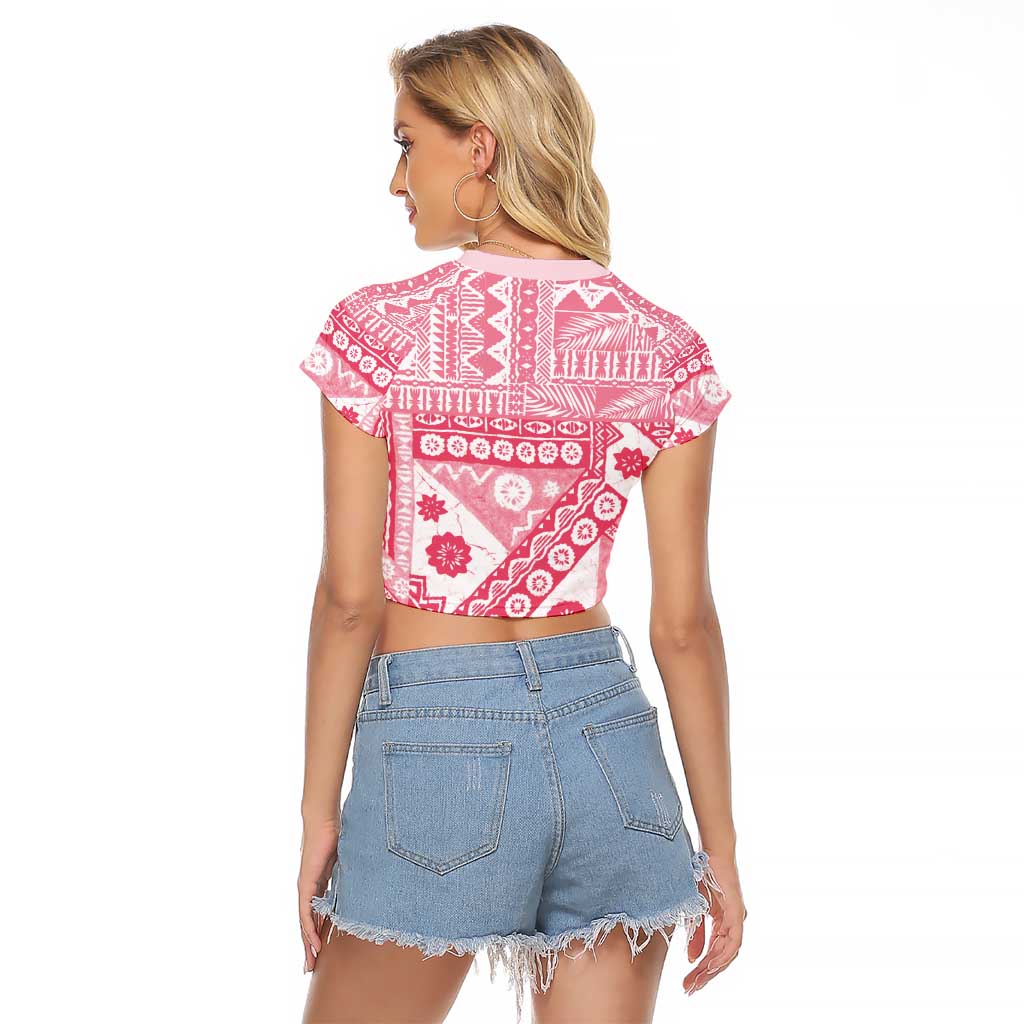 Pink Bula Fiji Raglan Cropped T Shirt Unique Masi Tapa Pattern LT14 - Polynesian Pride