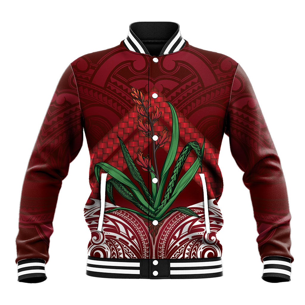 Rongoa Maori New Zealand Harakeke Baseball Jacket NZ Weaving Pattern Red LT14 Unisex Red - Polynesian Pride