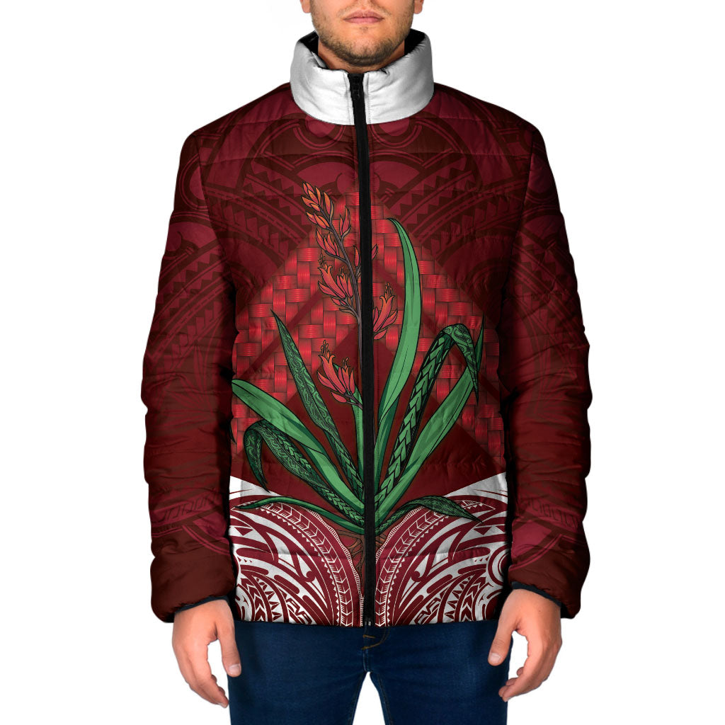 Rongoa Maori New Zealand Harakeke Padded Jacket NZ Weaving Pattern Red LT14 Men Red - Polynesian Pride