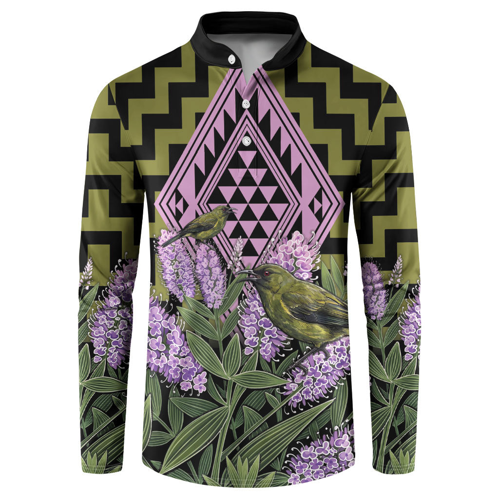 Rongoa Maori New Zealand Koromiko Button Sweatshirt NZ Hebe Korimako Bellbird Poutama LT14 Green - Polynesian Pride