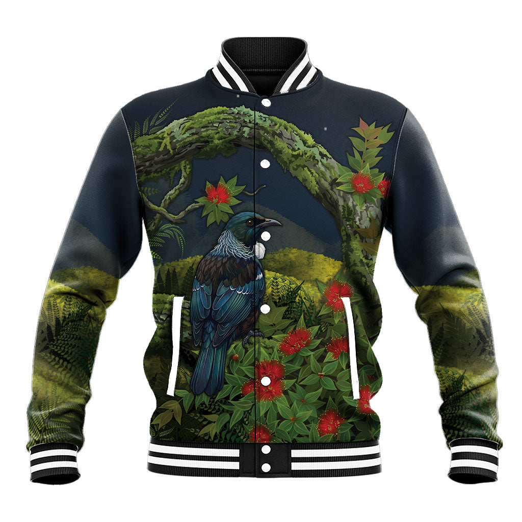 Rongoa Maori New Zealand Rata Baseball Jacket NZ Tui Bird Forest Vibes LT14 Unisex Green - Polynesian Pride