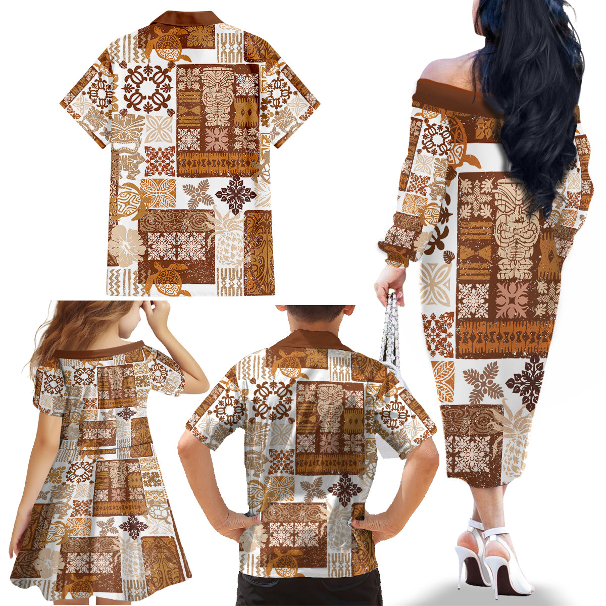 Hawaiian Quilt Family Matching Off Shoulder Long Sleeve Dress and Hawaiian Shirt Tiki Tropical Retro Brown Version LT14 - Polynesian Pride