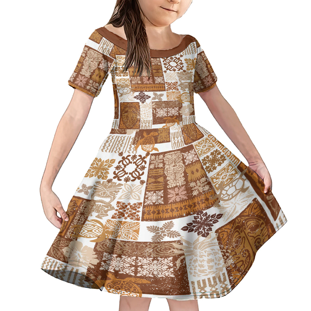 Hawaiian Quilt Family Matching Off Shoulder Maxi Dress and Hawaiian Shirt Tiki Tropical Retro Brown Version LT14 Daughter's Dress Brown - Polynesian Pride