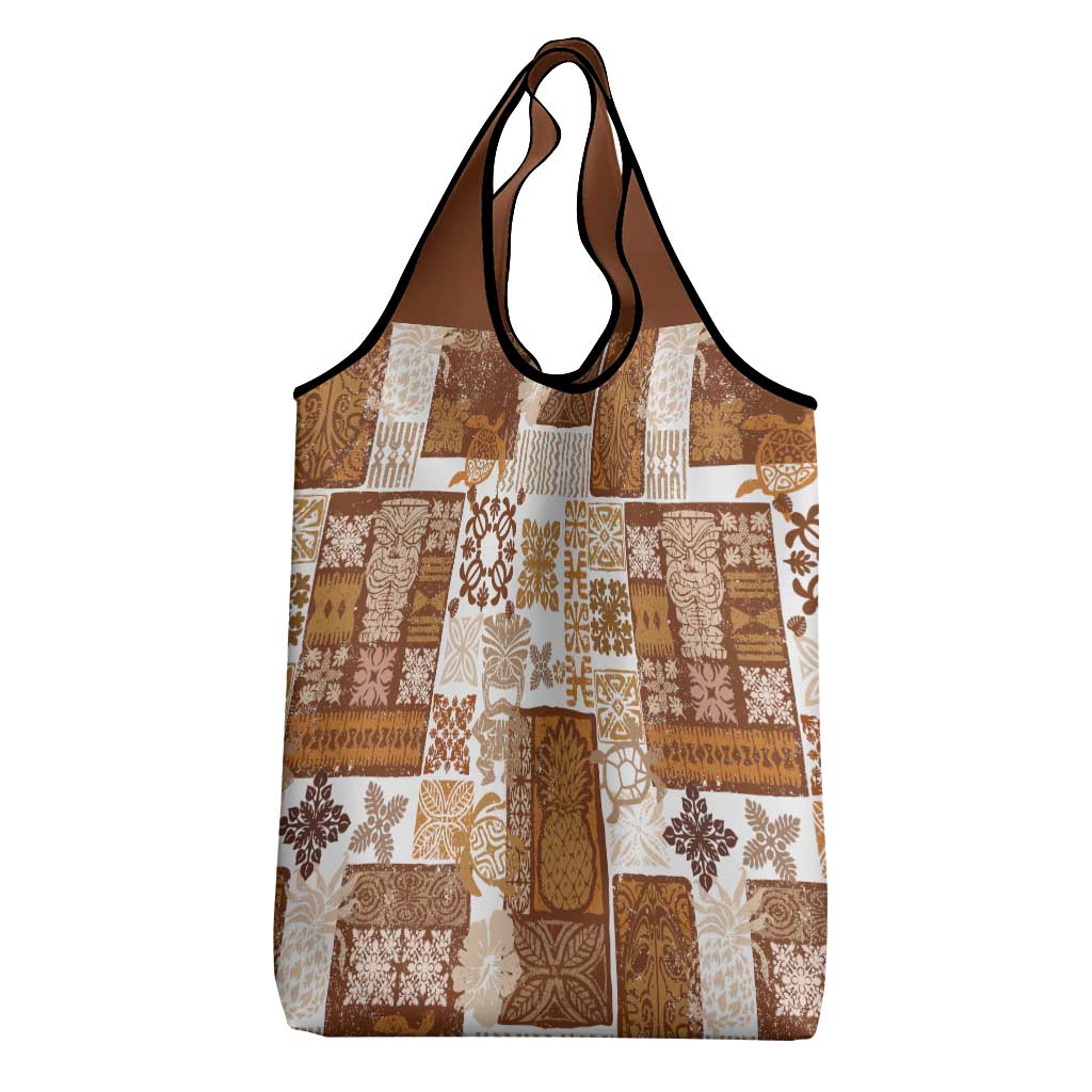 Hawaiian Quilt Grocery Bag Tiki Tropical Retro Brown Version