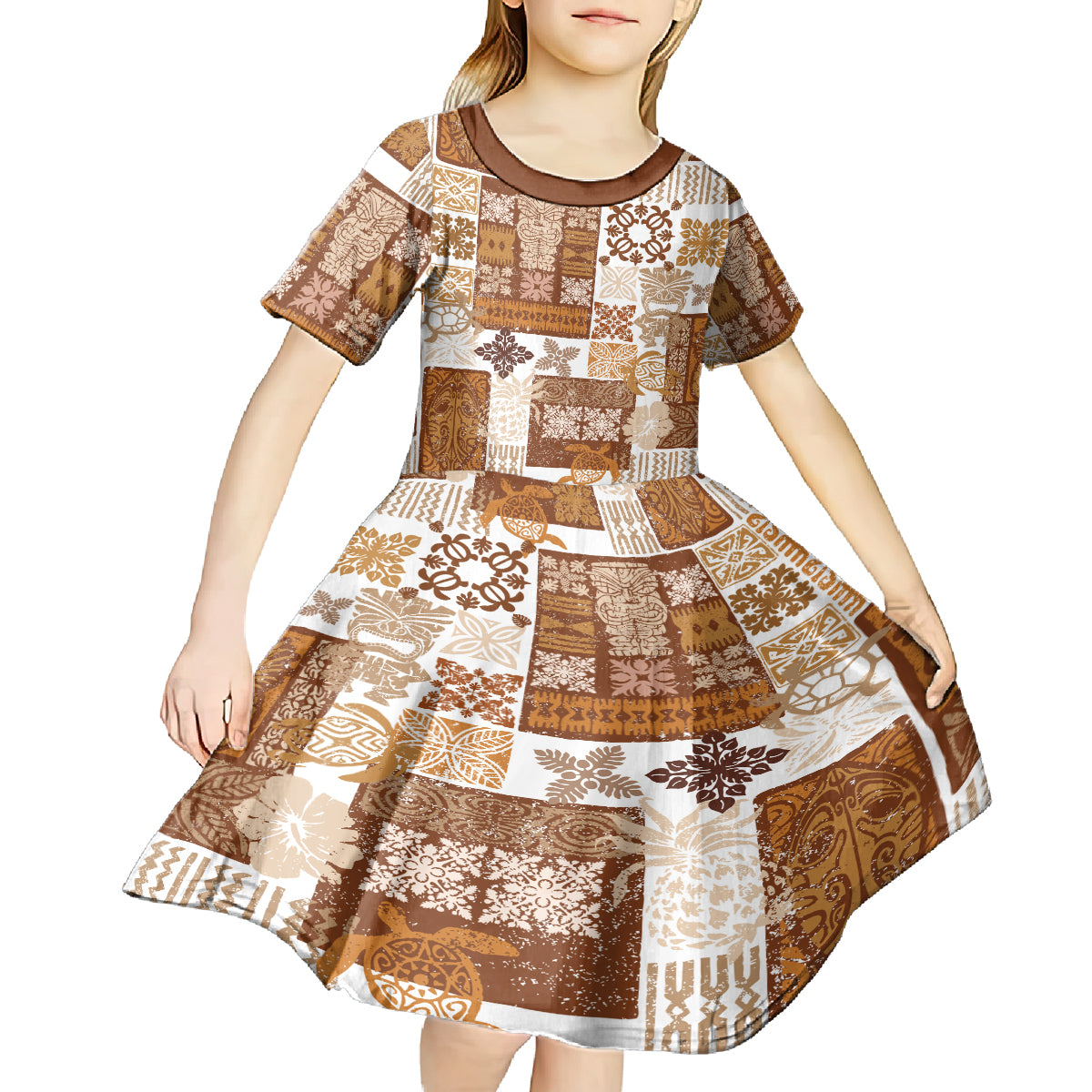 Hawaiian Quilt Kid Short Sleeve Dress Tiki Tropical Retro Brown Version LT14 - Polynesian Pride