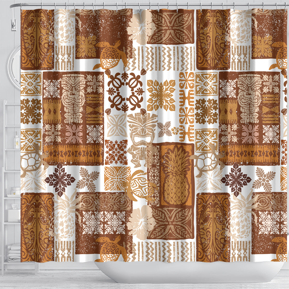 Hawaiian Quilt Shower Curtain Tiki Tropical Retro Brown Version LT14 - Polynesian Pride