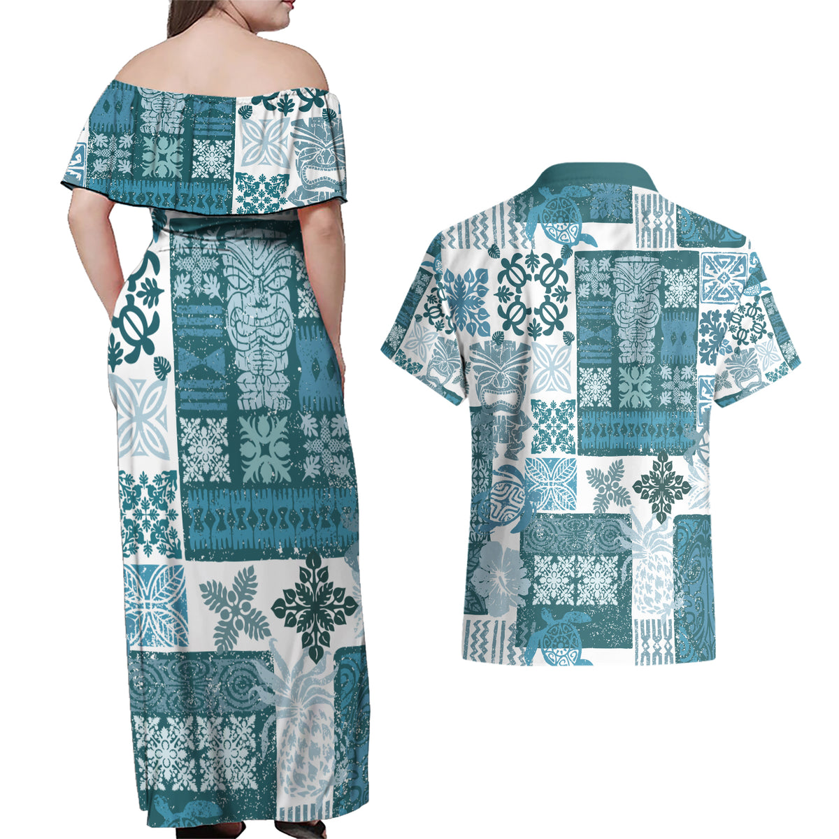 Hawaiian Quilt Couples Matching Off Shoulder Maxi Dress and Hawaiian Shirt Tiki Tropical Retro Dark Cyan Version LT14 - Polynesian Pride