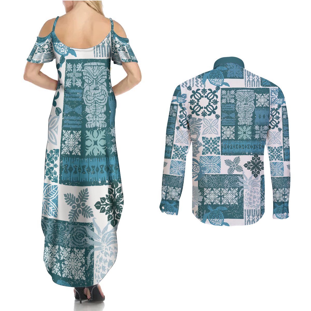 Hawaiian Quilt Couples Matching Summer Maxi Dress and Long Sleeve Button Shirt Tiki Tropical Retro Dark Cyan Version LT14 - Polynesian Pride