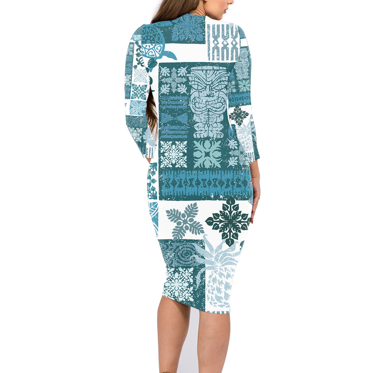 Hawaiian Quilt Family Matching Long Sleeve Bodycon Dress and Hawaiian Shirt Tiki Tropical Retro Dark Cyan Version LT14 - Polynesian Pride