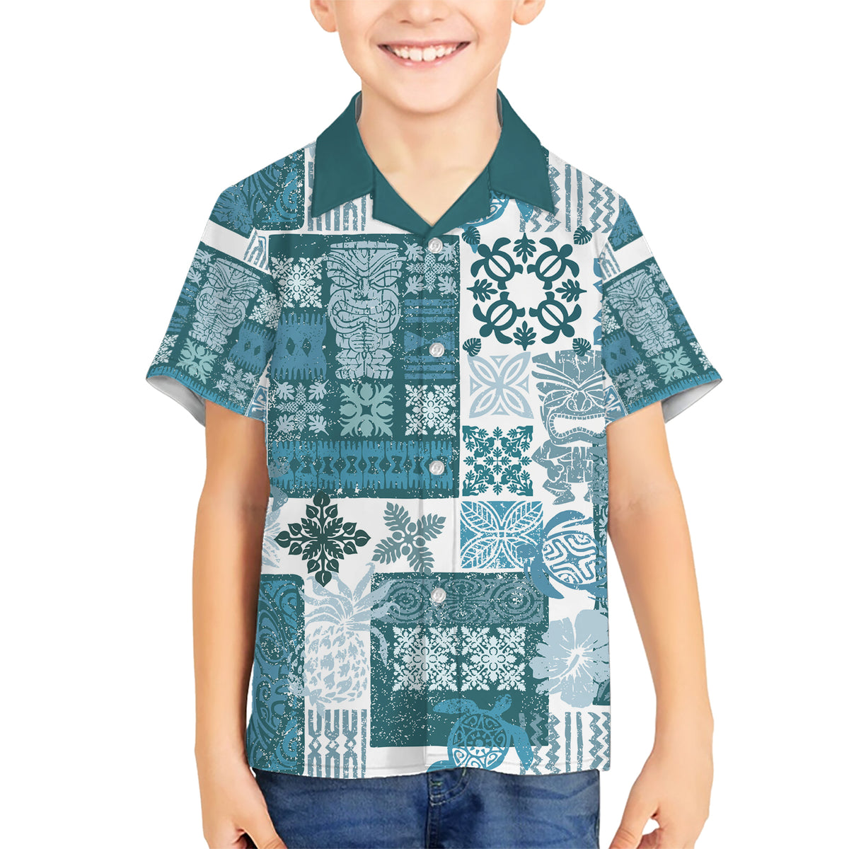 Hawaiian Quilt Family Matching Short Sleeve Bodycon Dress and Hawaiian Shirt Tiki Tropical Retro Dark Cyan Version LT14 Son's Shirt Dark Cyan - Polynesian Pride