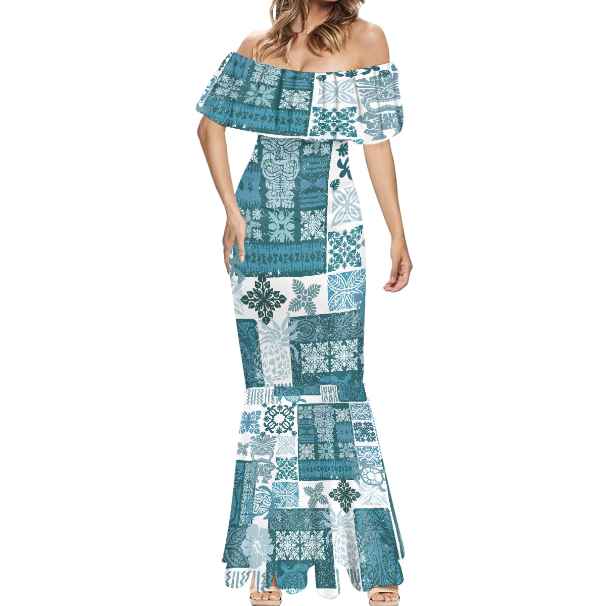 Hawaiian Quilt Mermaid Dress Tiki Tropical Retro Dark Cyan Version LT14 - Polynesian Pride