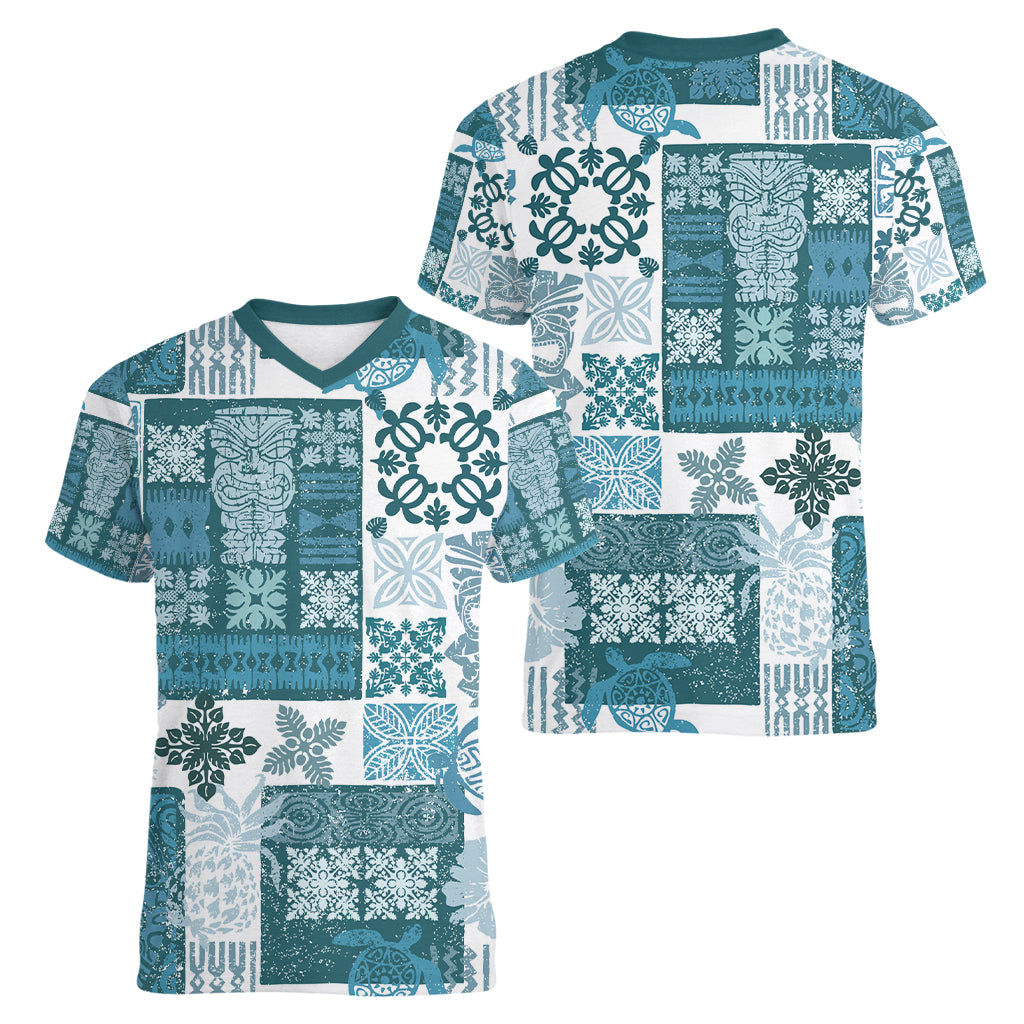 Hawaiian Quilt Women V Neck T Shirt Tiki Tropical Retro Dark Cyan Version LT14 - Polynesian Pride