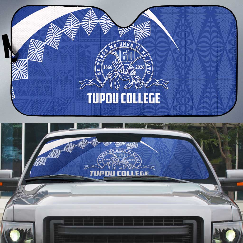 Tonga Tupou College Toloa Auto Sun Shade 160 Years Anniversary Tongan Ngatu Pattern LT14 Blue - Polynesian Pride