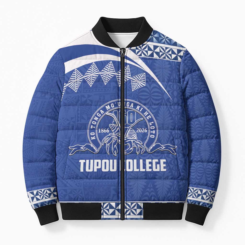 Personalised Tonga Tupou College Toloa Bomber Puffer Jacket 160 Years Anniversary Tongan Ngatu Pattern LT14 Unisex Blue - Polynesian Pride