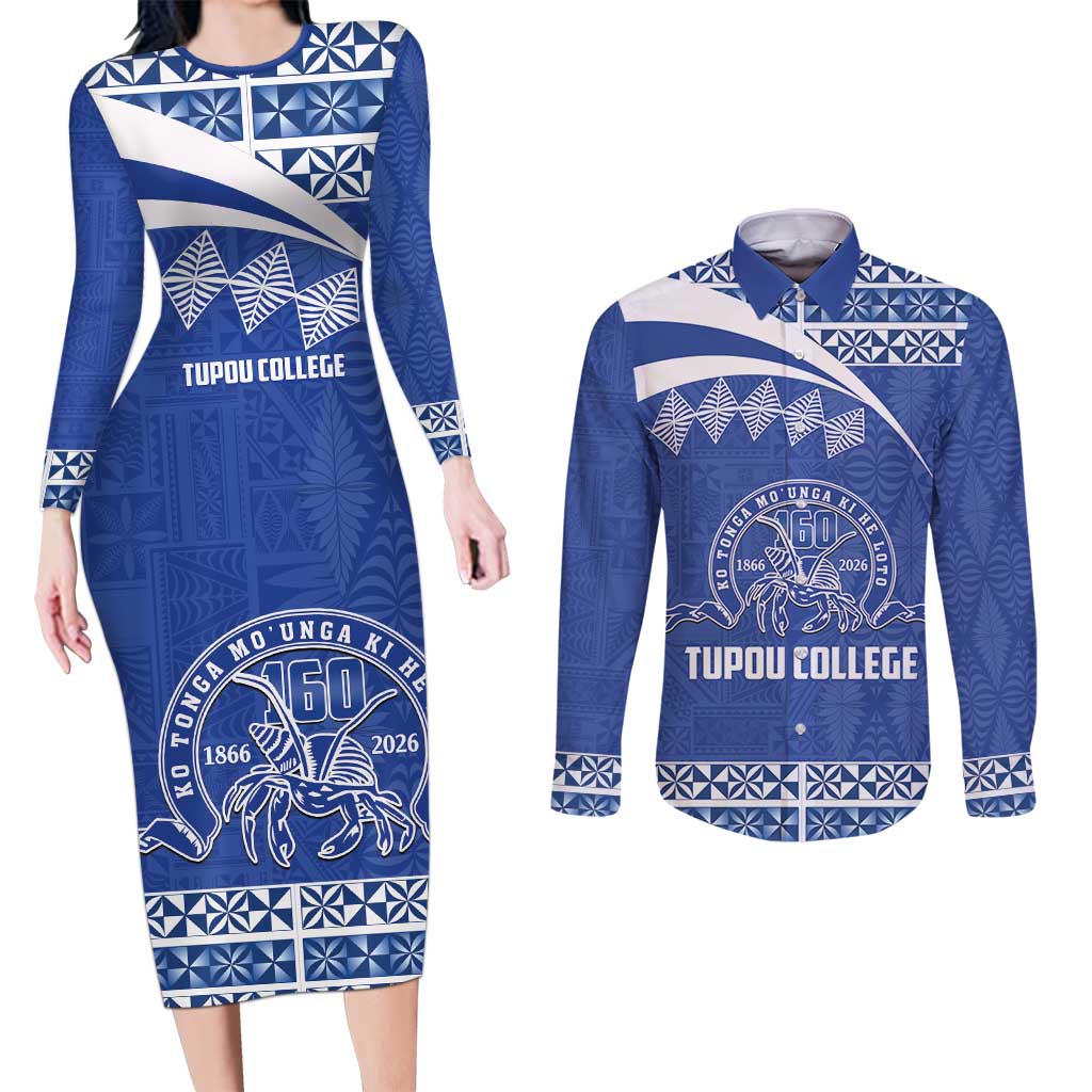 Personalised Tonga Tupou College Toloa Couples Matching Long Sleeve Bodycon Dress and Long Sleeve Button Shirt 160 Years Anniversary Tongan Ngatu Pattern