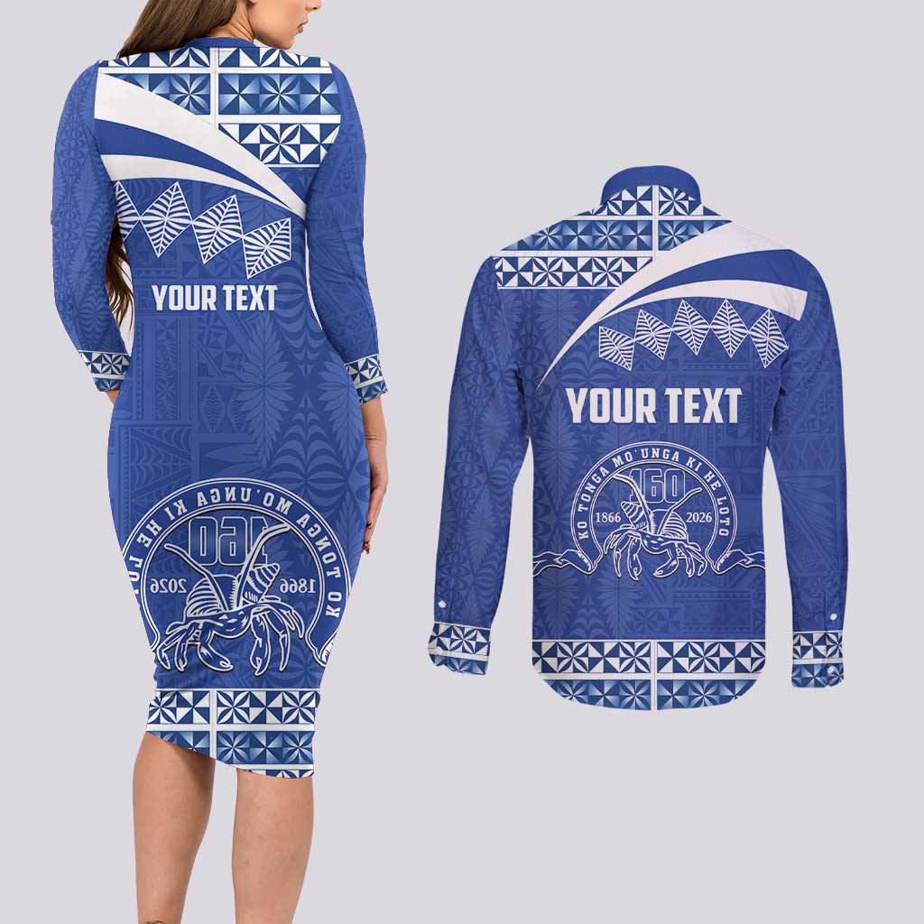 Personalised Tonga Tupou College Toloa Couples Matching Long Sleeve Bodycon Dress and Long Sleeve Button Shirt 160 Years Anniversary Tongan Ngatu Pattern