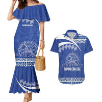 Personalised Tonga Tupou College Toloa Couples Matching Mermaid Dress and Hawaiian Shirt 160 Years Anniversary Tongan Ngatu Pattern LT14 Blue - Polynesian Pride