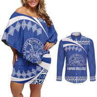 Personalised Tonga Tupou College Toloa Couples Matching Off Shoulder Short Dress and Long Sleeve Button Shirt 160 Years Anniversary Tongan Ngatu Pattern