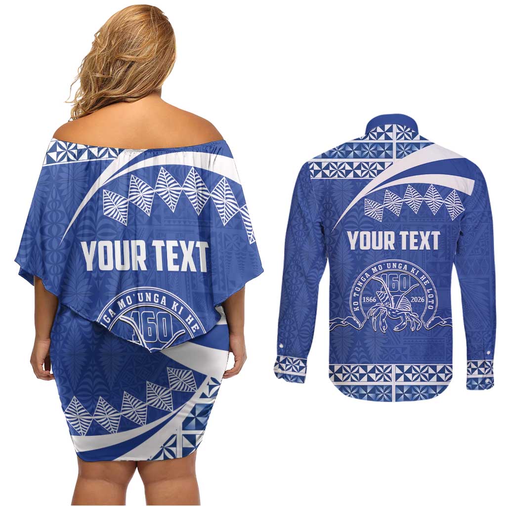 Personalised Tonga Tupou College Toloa Couples Matching Off Shoulder Short Dress and Long Sleeve Button Shirt 160 Years Anniversary Tongan Ngatu Pattern