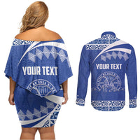 Personalised Tonga Tupou College Toloa Couples Matching Off Shoulder Short Dress and Long Sleeve Button Shirt 160 Years Anniversary Tongan Ngatu Pattern