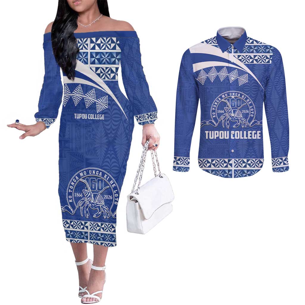 Personalised Tonga Tupou College Toloa Couples Matching Off The Shoulder Long Sleeve Dress and Long Sleeve Button Shirt 160 Years Anniversary Tongan Ngatu Pattern