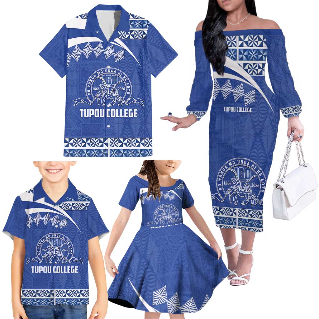Personalised Tonga Tupou College Toloa Family Matching Off The Shoulder Long Sleeve Dress and Hawaiian Shirt 160 Years Anniversary Tongan Ngatu Pattern LT14 - Polynesian Pride