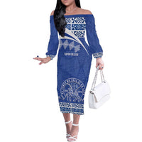 Personalised Tonga Tupou College Toloa Family Matching Off The Shoulder Long Sleeve Dress and Hawaiian Shirt 160 Years Anniversary Tongan Ngatu Pattern LT14 Mom's Dress Blue - Polynesian Pride
