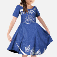 Personalised Tonga Tupou College Toloa Family Matching Short Sleeve Bodycon Dress and Hawaiian Shirt 160 Years Anniversary Tongan Ngatu Pattern LT14 Daughter's Dress Blue - Polynesian Pride