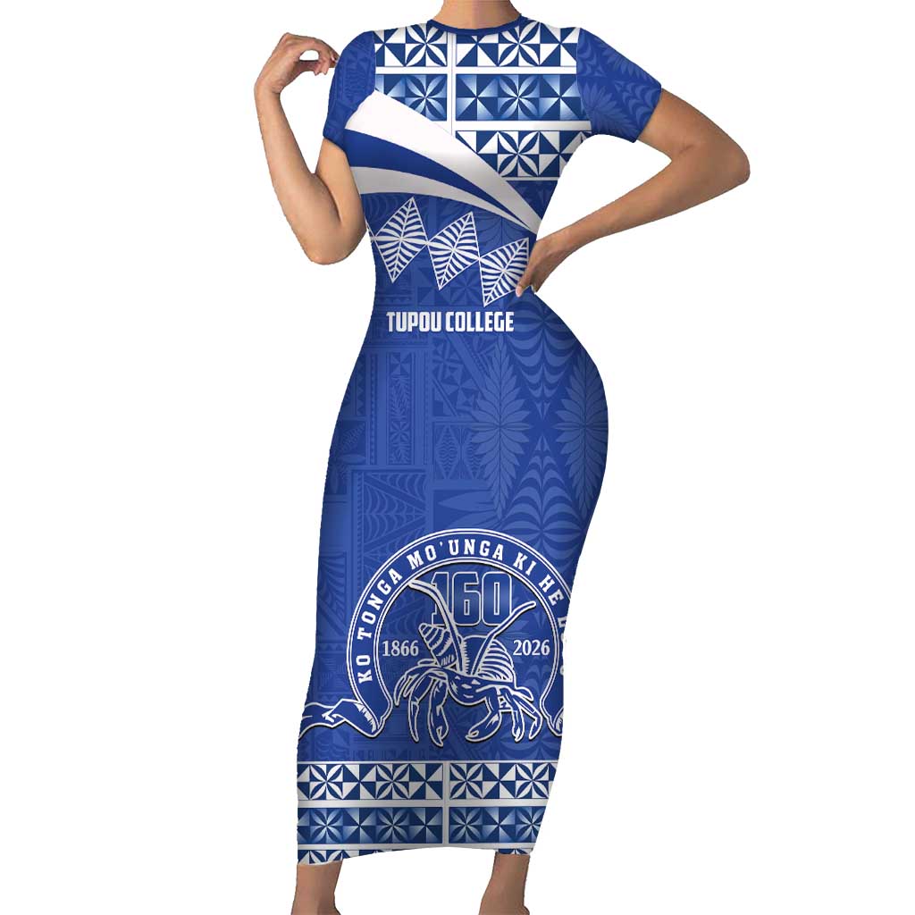 Personalised Tonga Tupou College Toloa Family Matching Short Sleeve Bodycon Dress and Hawaiian Shirt 160 Years Anniversary Tongan Ngatu Pattern LT14 Mom's Dress Blue - Polynesian Pride
