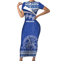 Personalised Tonga Tupou College Toloa Family Matching Short Sleeve Bodycon Dress and Hawaiian Shirt 160 Years Anniversary Tongan Ngatu Pattern LT14 Mom's Dress Blue - Polynesian Pride