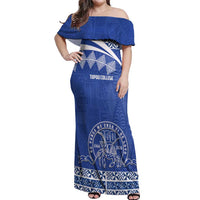 Personalised Tonga Tupou College Toloa Off Shoulder Maxi Dress 160 Years Anniversary Tongan Ngatu Pattern LT14 Women Blue - Polynesian Pride