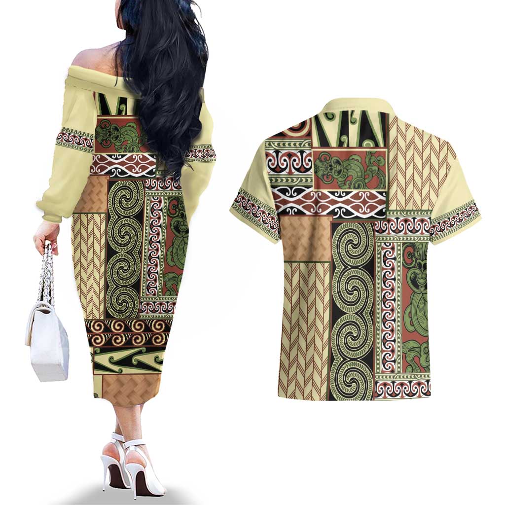 Beige Aotearoa Kowhaiwhai Pattern Couples Matching Off The Shoulder Long Sleeve Dress and Hawaiian Shirt NZ Maori Quilt Style