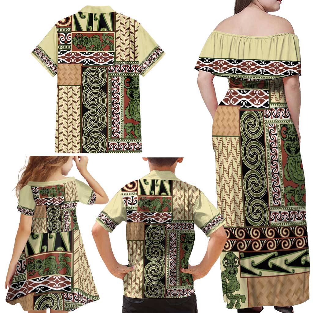 Beige Aotearoa Kowhaiwhai Pattern Family Matching Off Shoulder Maxi Dress and Hawaiian Shirt NZ Maori Quilt Style