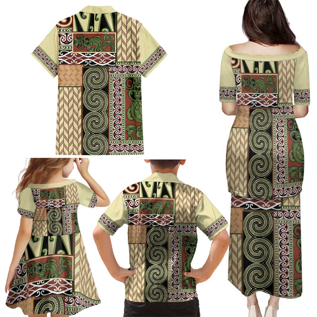 Beige Aotearoa Kowhaiwhai Pattern Family Matching Puletasi and Hawaiian Shirt NZ Maori Quilt Style