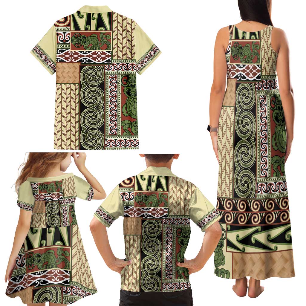 Beige Aotearoa Kowhaiwhai Pattern Family Matching Tank Maxi Dress and Hawaiian Shirt NZ Maori Quilt Style