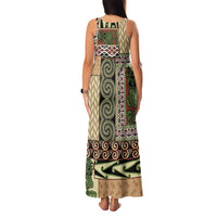 Beige Aotearoa Kowhaiwhai Pattern Family Matching Tank Maxi Dress and Hawaiian Shirt NZ Maori Quilt Style