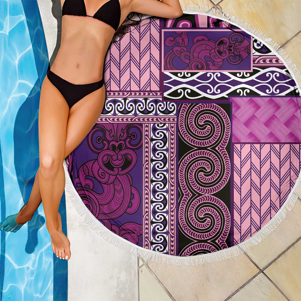 Pink Aotearoa Kowhaiwhai Pattern Beach Blanket NZ Maori Quilt Style